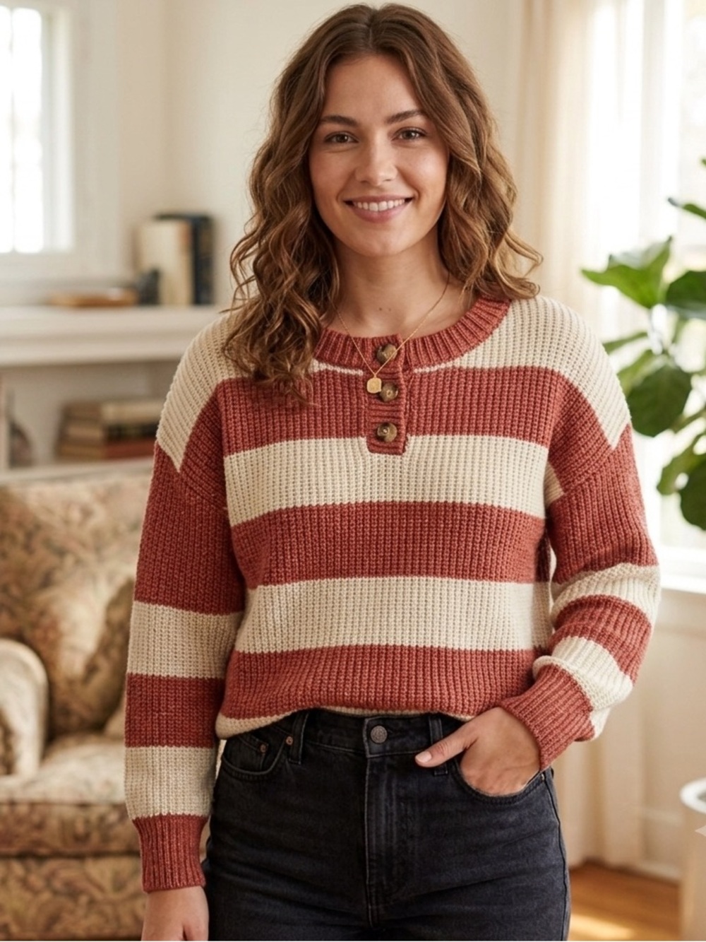 Wishlist Rust Red and Cream Striped Henley Pullover Sweater, Women’s M/L Soft